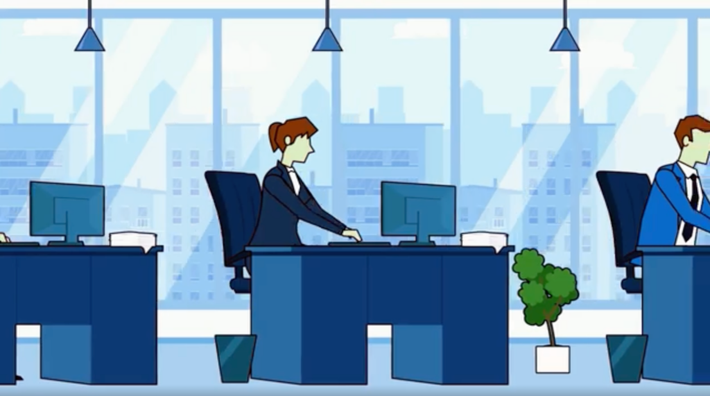 Illustration of a cybersecurity company office with people working at desks on computers. Large windows reveal a cityscape background, while a potted plant and hanging lights add to the modern workspace atmosphere.